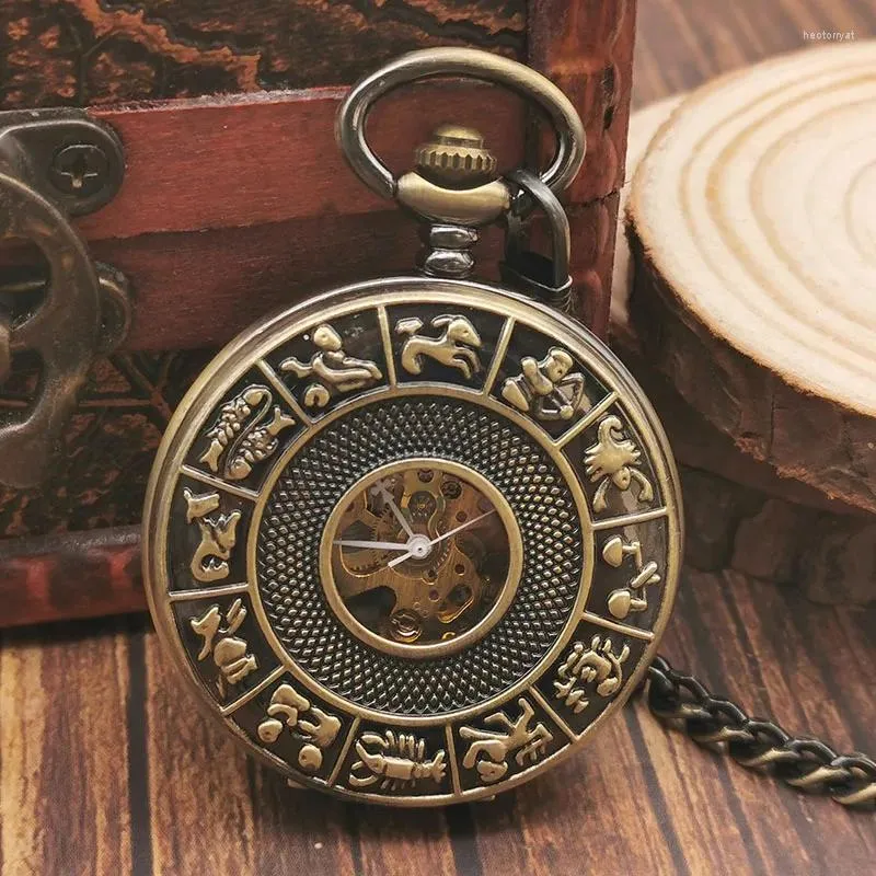 Pocket Watches Retro Bronze Antique Arabiska siffror Display Watch Mechanical Hand Winding Pendant Clock FOB Chain Gifts for Men