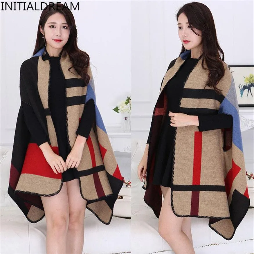 Shawl Scarf Women Autumn Winter Poncho Vintage Blanket Lady Knit Shawl Cape Cashmere Classic plaid style thick Warm Scarf S1810190326m