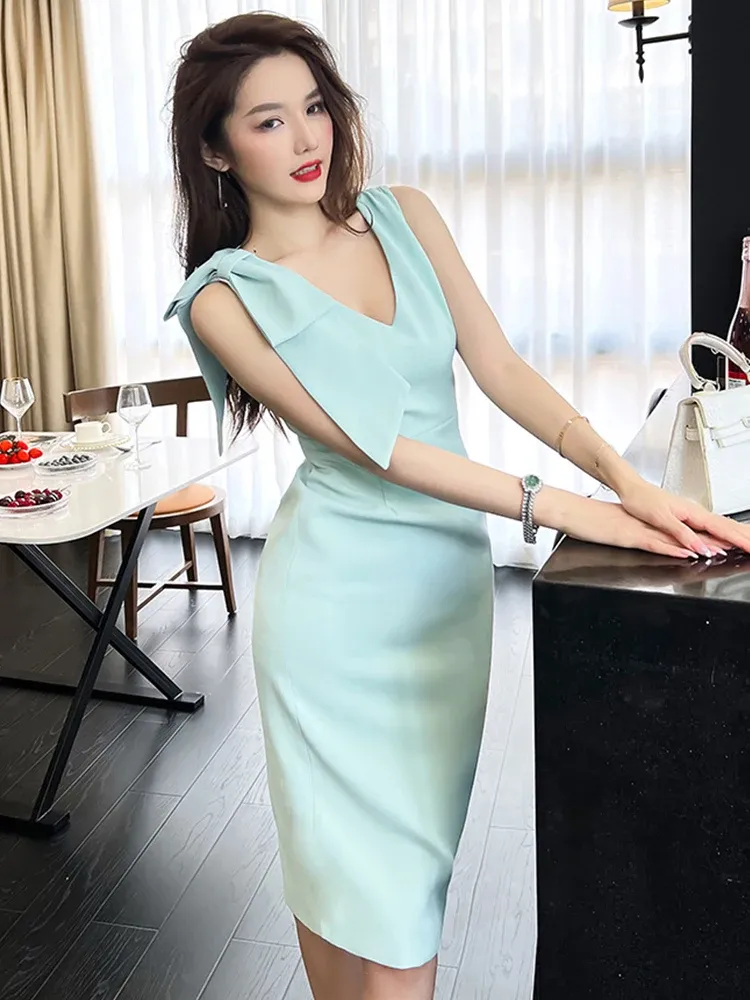 Summer Elegant Solid Bow casual dresses for Women - Sleeveless, Slim Fit, Knee-Length - Perfect for Parties, Proms, and Special Occasions - Vestido