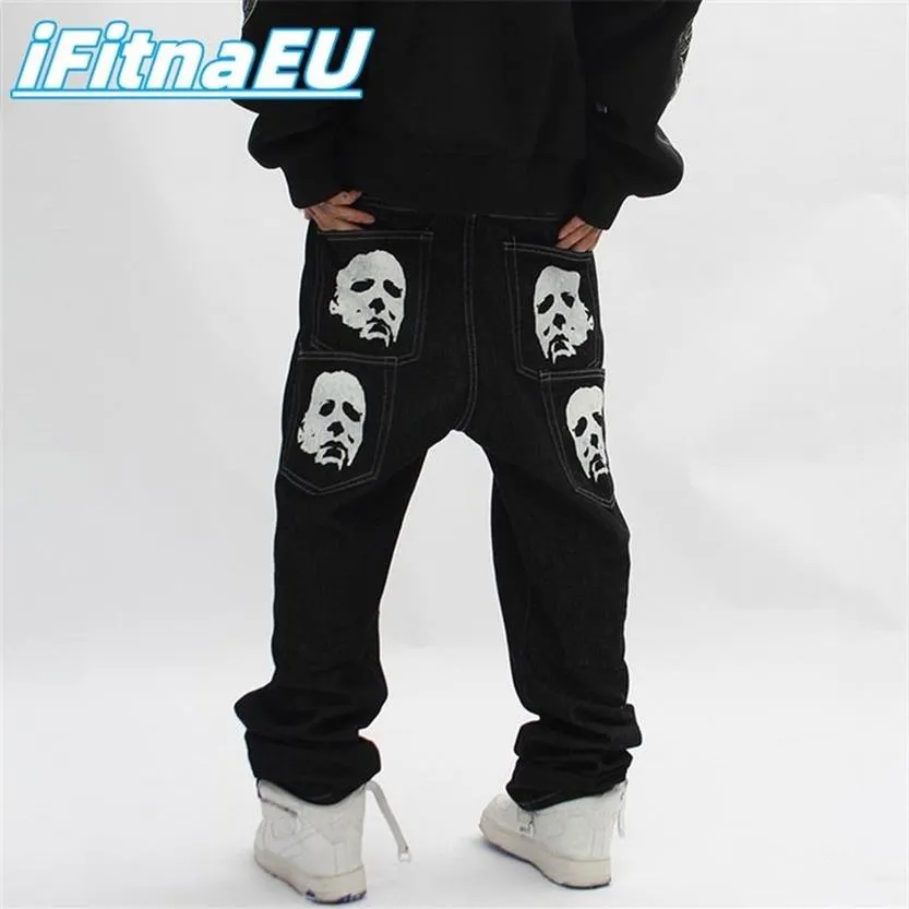 Jeans With Print Baggy Man Trendyol Men Skeleton Pants Y2k Hip Hop Black Vintage Streetwear Men's Denim Women 220308332Y
