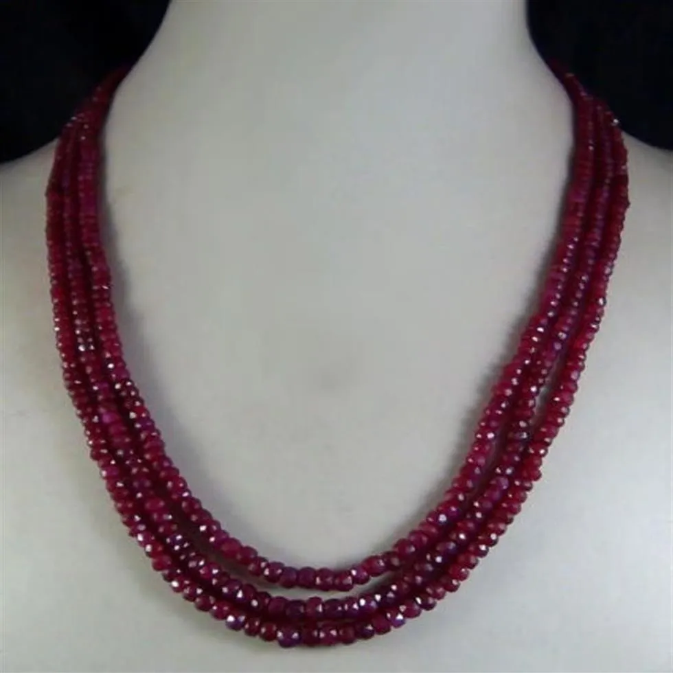 Collier de perles à facettes en rubis naturel, 2x4mm, 3 brins, 305r