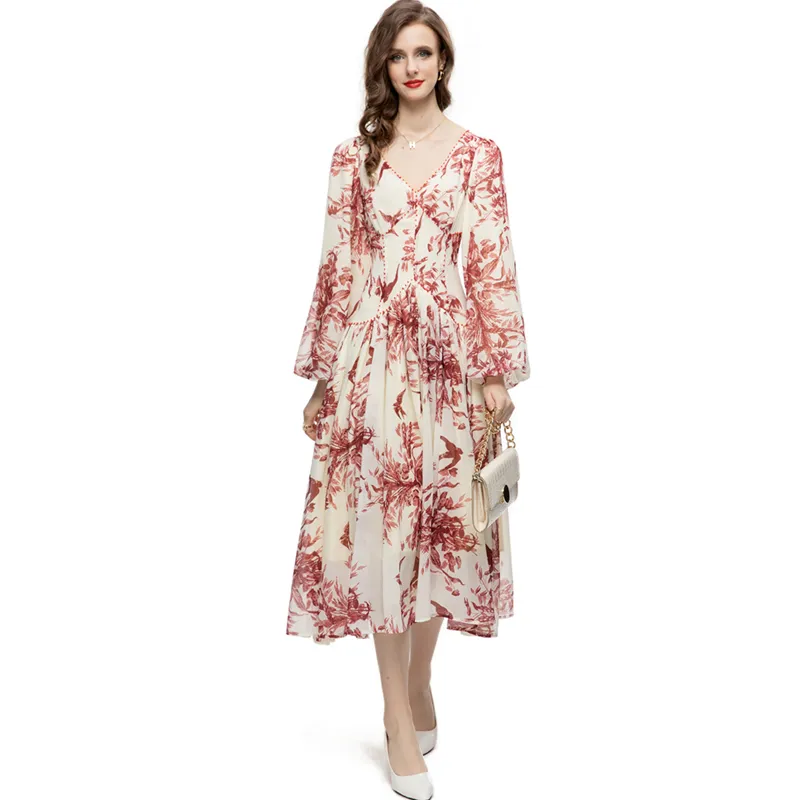 Women's Runway Dresses V Neck Long Lantern Sleeves Printed High Street Fashion Mid Calf Vestidos