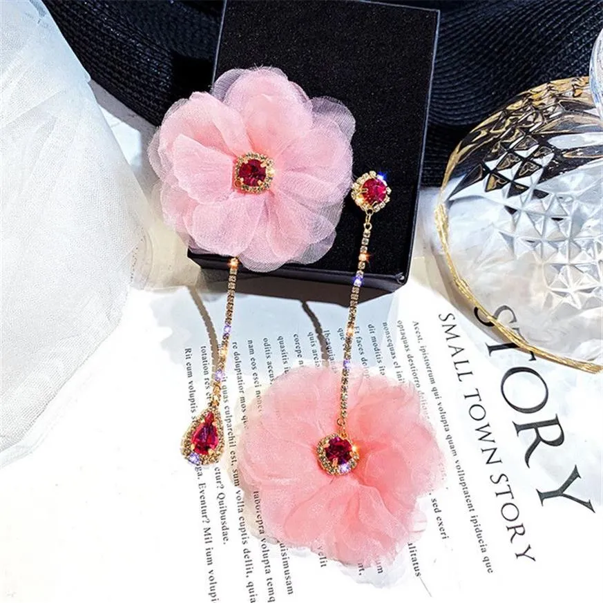 FYUAN Orecchini pendenti con asimmetria di cristallo per le donne Bijoux Orecchini pendenti con fiori in filato rosa Orecchini con gioielli dichiarazione241M