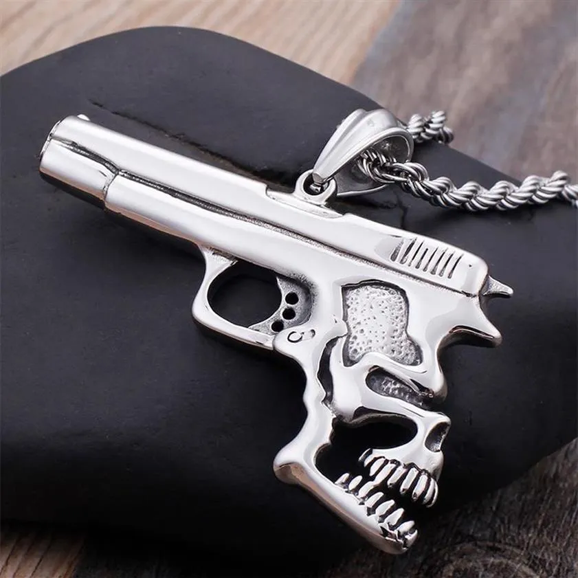 Hip Hop Skull Pistol Shape Pendant Necklace Men Stainless Steel Rope Chain Punk Gothic Biker Jewelry Drop Store Necklaces275v