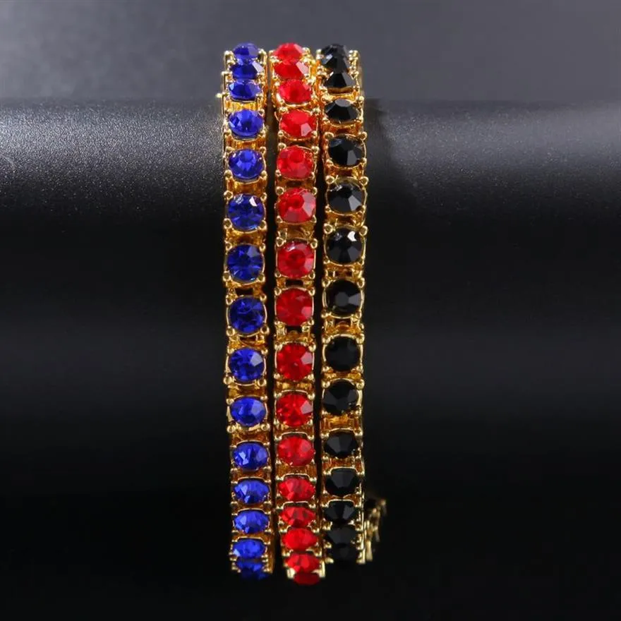 Bracciale tennis ghiacciato a 1 fila Completo colorato Rosso Blu Nero A Strass Oro Argento Colore Moda Braccialetti Hiphop Gioielli Bling238S