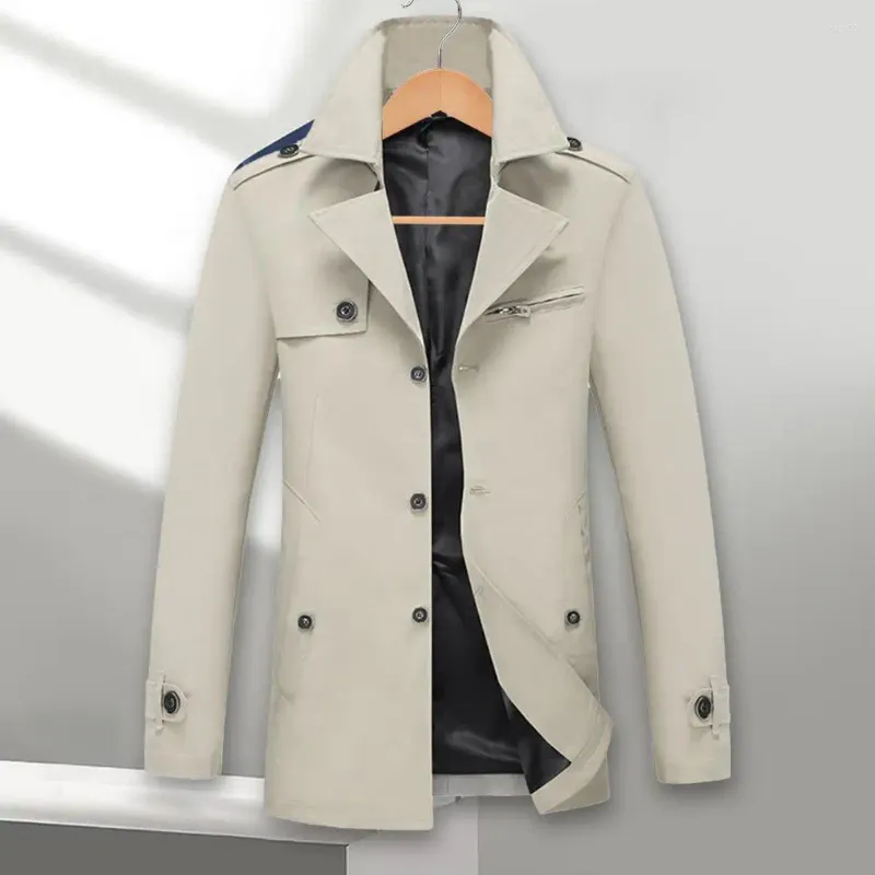 Men's Trench Coats Fashion Mid-length Coat Buttons Closure Anti-freeze Outerwear Men Long Thick Pure Color Simple