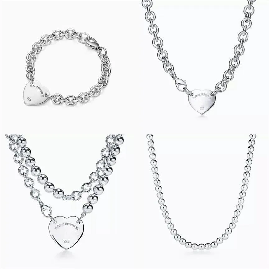 T Designer coeur pendentif tag collier bracelet boucles d'oreilles femmes marque de luxe bijoux classique mode 925 sterling argent rose 246w