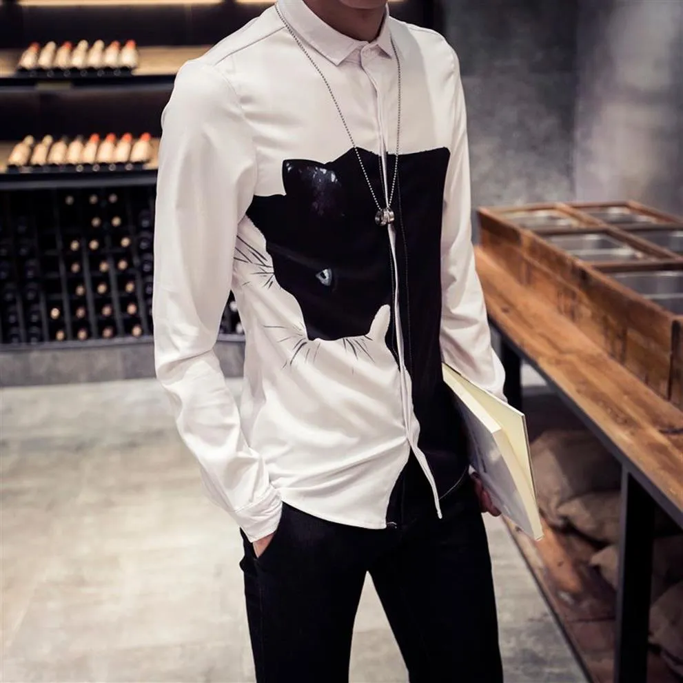 Whole- New Fashion 3D Print Animal Shirts Men Black White Digital Print Cat Shirts Long Sleeve Slim Fit Men's Casual Shir247S