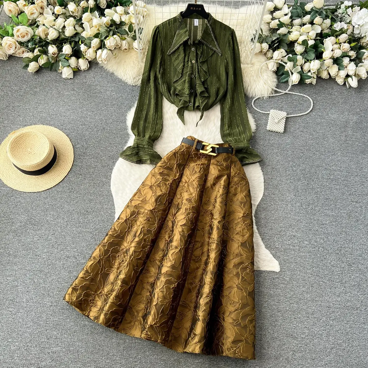 Tweedelige jurk Runway herfst lange rok sets ruches lange mouwen blouses top jacquard maxi rok dames outfit vakantie bijpassende set pakken 2024