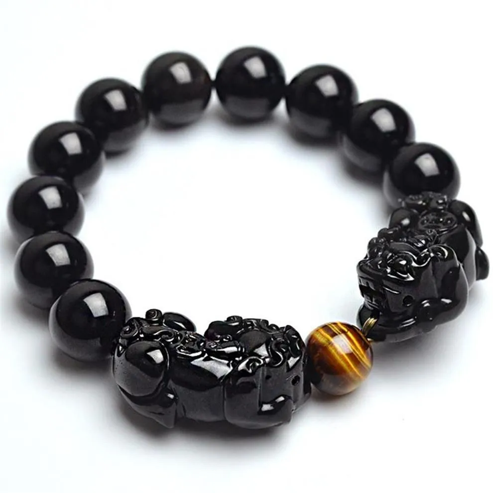 Natürliches schwarzes Obsidian-Armband mit Tigerauge und doppeltem Pixiu Lucky Brave Troops Charms Frauen Männer Schmuck Perlenstränge266D