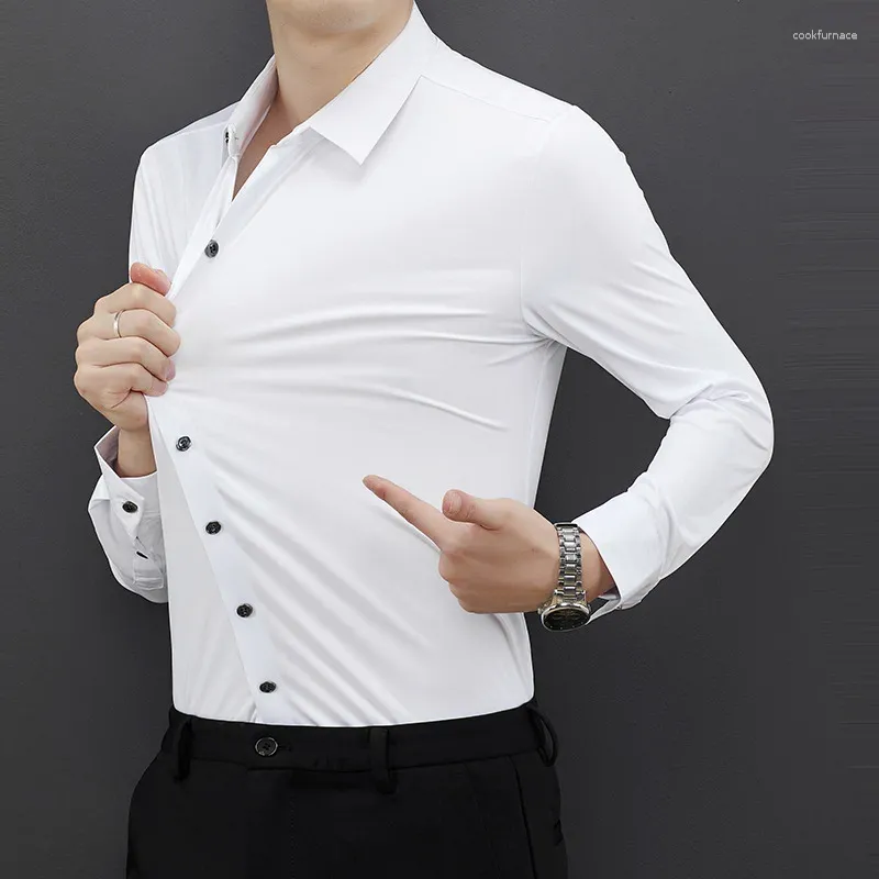 Camisas de vestido masculinas Yideep Sea 2023 Primavera High-End Não-Engomar Sem Costura Camisa de mangas compridas Alta Elastic Slim-Fit Cor Sólida