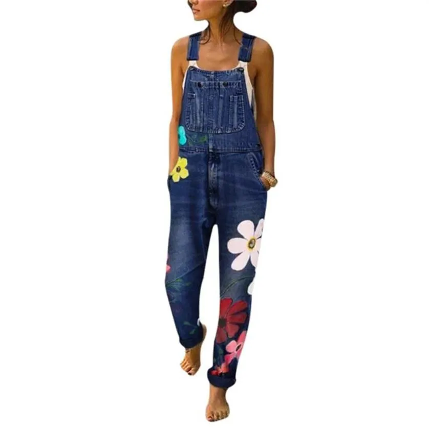 Women Floral Print Jeans Pants Fashion Autumn Straps Neck Light Washed Romper Pockets Overalls Loose Sleeveless Denim Jumpsuit242P