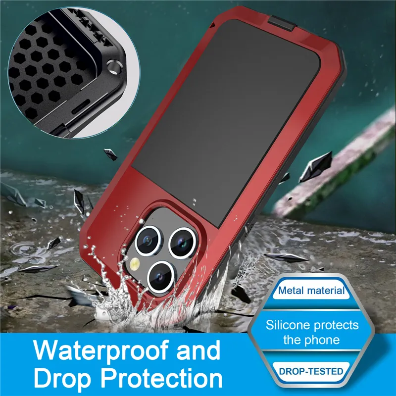 Waterdichte aluminiumlegering telefoonhoes voor iPhone 15 Plus 14 13 12 11 Pro Max XR XS Outdoor Sports Volledig beschermende zachte bumper metalen schaal ondersteunend draadloos opladen