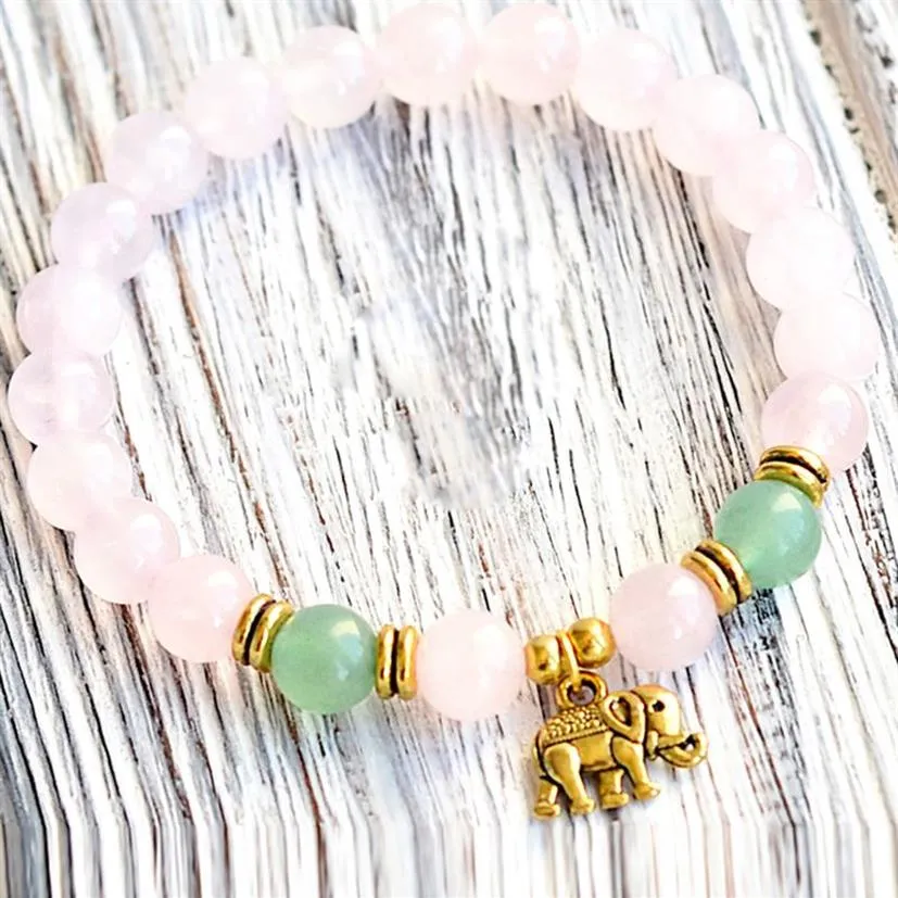 MG0748 Bracciale con ciondolo elefante al quarzo rosa da 8 mm Bracciale energetico con avventurina verde Bracciale da polso da donna fatto a mano Mala Yoga295U