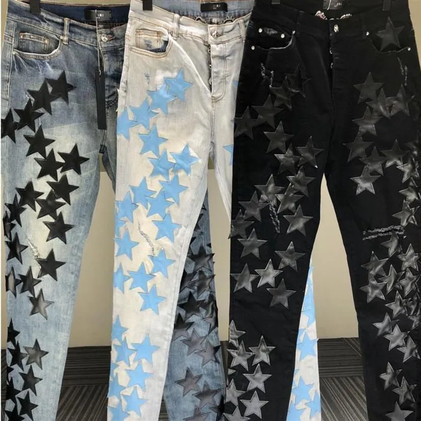 Мужские джинсы, черные, синие, со звездами и нашивками, уличные мужские мотоциклетные брюки, деним в стиле панк, 3 цвета, джинсы в стиле хип-хоп, Pantalon Homme Trendy237S