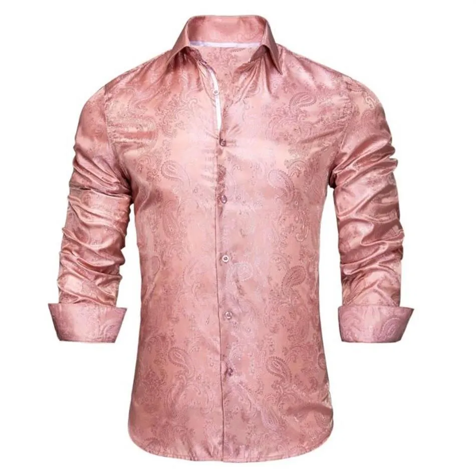 Men's Casual Shirts Rose Pink Paisley Silk Shirt Long Sleeve For Men Jacquard Male Business Party Wedding Dress Hi-Tie Design261Y