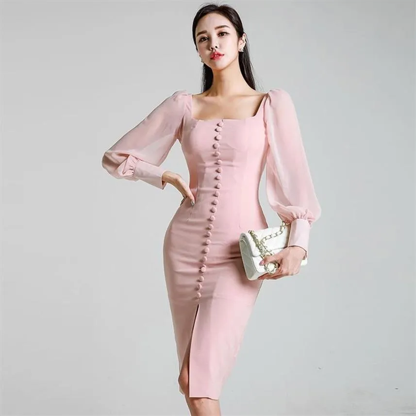 Vestidos casuais moda mulheres rosa magro lápis vestido chegada escritório senhora sexy puff manga elegante colar quadrado cor sólida formal2346