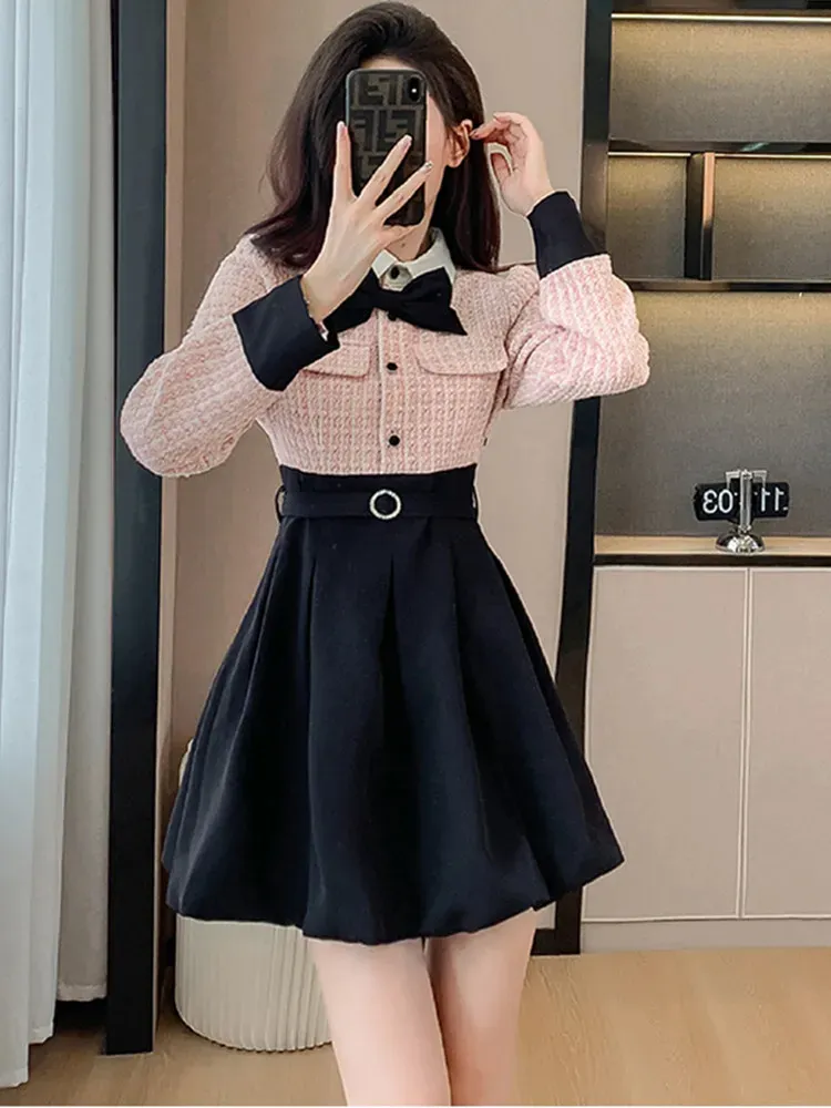 Grundläggande casual klänningar Små doftande vind vintage ull lapptäcke Kvinnor Autumn Winter Sweet Elegant Bow Tie High Grade Tweed Dresses 2024