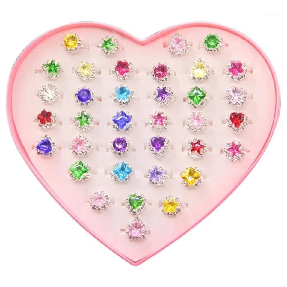 36 pièces anneaux de pierres précieuses en strass coloré dans la boîte anneaux de bijoux réglables pour petite fille dans la boîte enfants enfants petite fille cadeau Pre12118