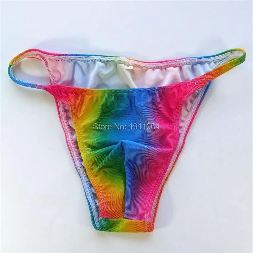 Underpants Mens String Bikini Stripe Jersy Nylon Spandex G3774 Narrow Waist Rainbow Colors Swimsuit Fabric2764