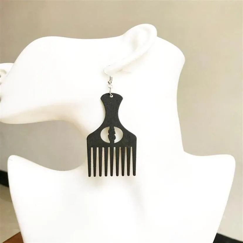 1 par Black African Map Comb Wood Earrings Afro Pick Gift Träsmycken har 2 Färg kan välja305H275F