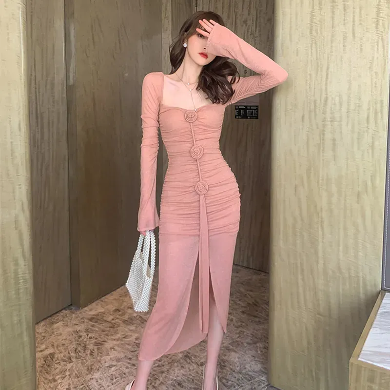Spring Women's Pink Romance Midi Dress - Basic Casual, Sexy, Sweet, Chic, Long Sleeve, Folds, Slit Bodycon Wrap Robe for Party Date - Vestido Mujer
