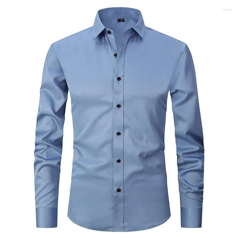 Мужские классические рубашки, однотонные тонкие деловые рубашки для мужчин, осень 2023, обычная простая рубашка с длинными рукавами, модные эластичные мужские однобортные топы