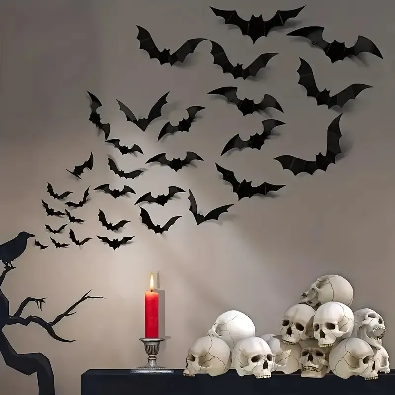 Autocollants muraux chauve-souris 3D en PVC noir, 60 pièces, décoration d'halloween, fournitures de décoration de fête d'halloween, décoration murale d'horreur