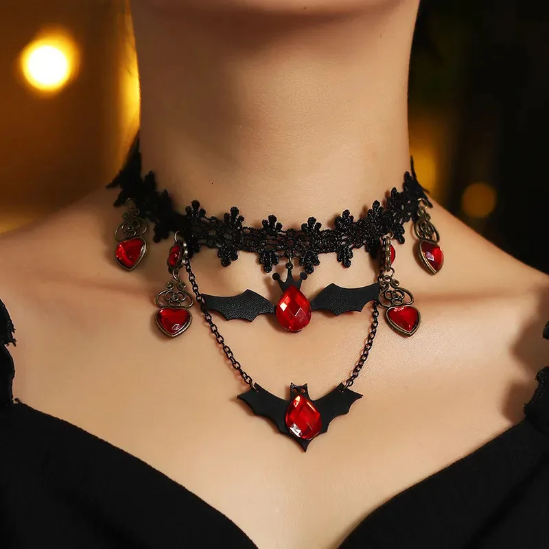 Chokers Gothic Jewelry Red Bat Halloween Necklace Lace Choker Necklace for Women Nightmare Before Christmas Black Layered Necklace 231013