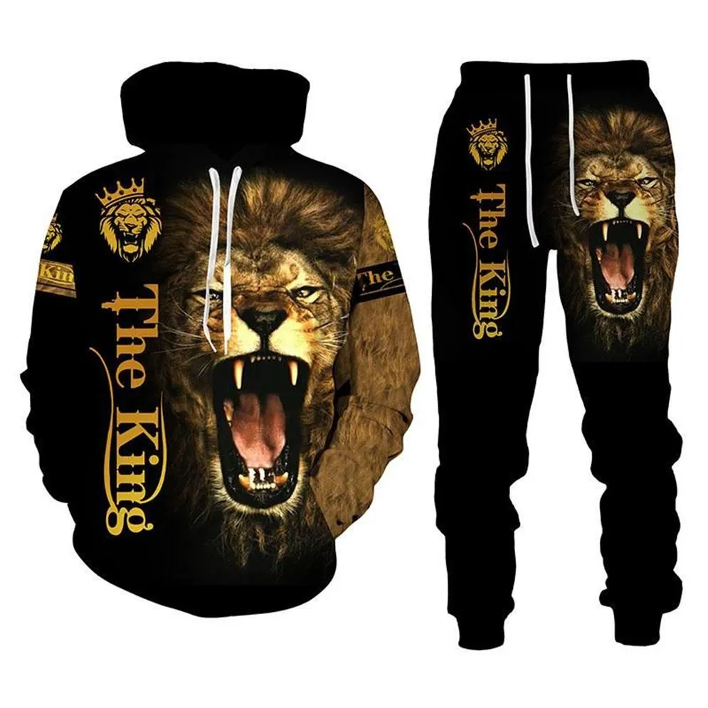 Homens Tracksuits Homem 2 Pieces Sweat Suits Mens 3D Floral Impressão Leão Moletons Sweatpants Define Sports Suit212D