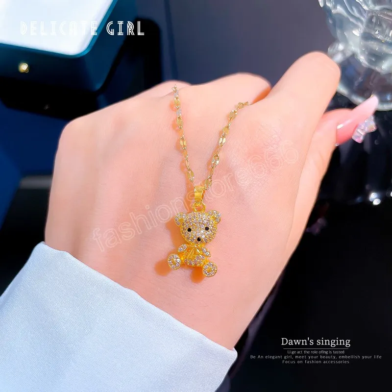 Collier romantique en acier inoxydable 316L, doux ours en cristal géométrique 3D pour femmes élégantes, chaînes féminines, accessoires de bijoux