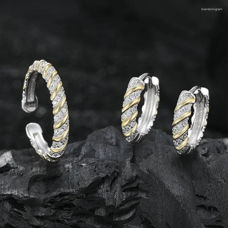 Boucles d'oreilles créoles S925 en argent sterling bord en or spirale flash diamant lumière de luxe bague féminine accessoires du bout des doigts quotidien simple et petit