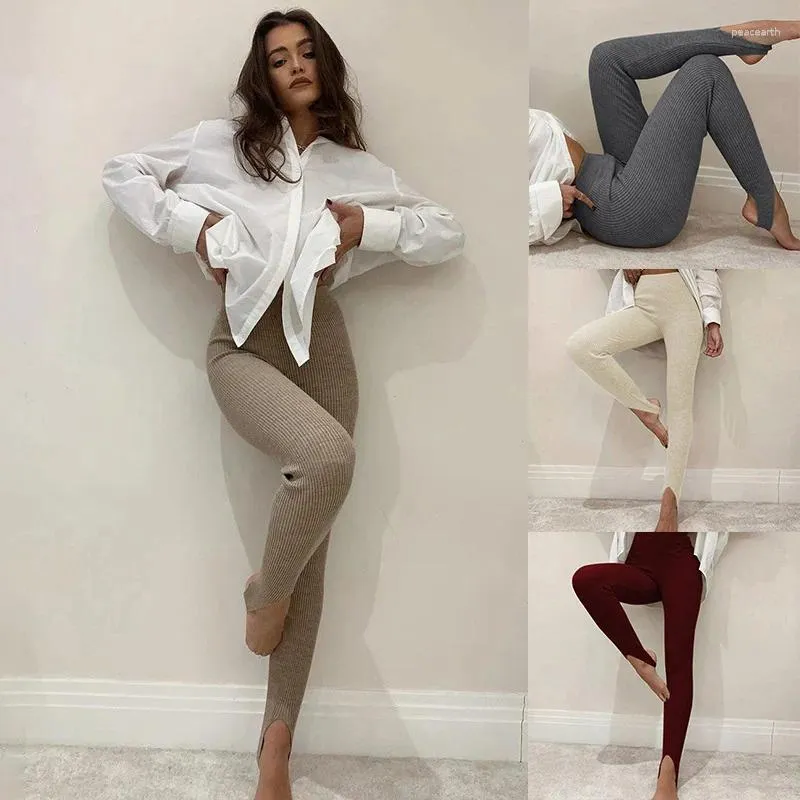 Leggings femininas mulheres com nervuras de malha de algodão calças básicas calças de yoga cintura alta bege magro fitness casual cor sólida