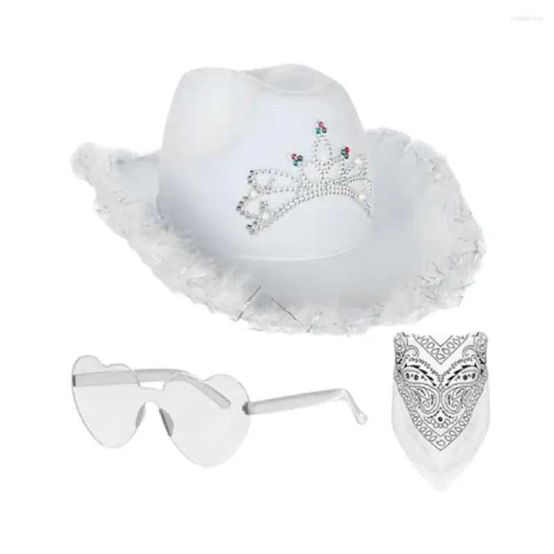 Bérets Cowboy Cosplay Prop Chapeau Vintage Avec Paillettes Brillantes Décor Plume Détail Style Occidental Lunettes De Parasol Pour La Performance