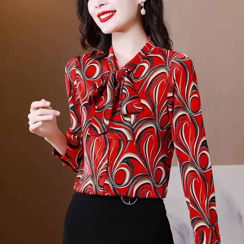 Grafisk skjorta för kvinnodesigner långärmad vintage band båge skjortor kontor damer tryck formell knappskjorta 2023 Autumn Winter mångsidiga landningsblusar röda toppar