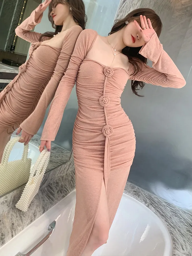 Basic Casual Dresses Spring Women Midi Dress Pink Romance Sexy Sweet Chic Long Sleeve Rose Folds Slit Bodycon Wrap Robe Party Date Girl Vestido Mujer 2024