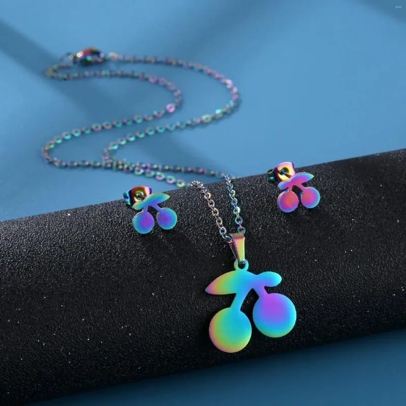 Ensemble collier et boucles d'oreilles minimaliste géométrique coloré cerise en acier inoxydable pour femmes, pendentif étoile rétro