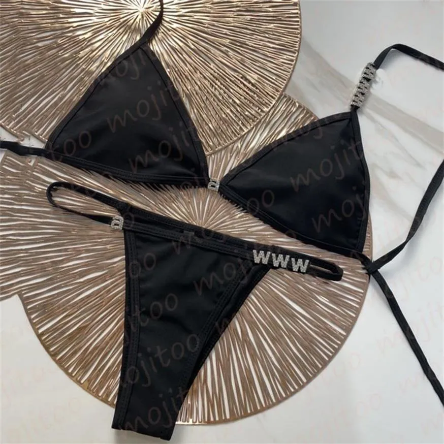 Maillot de bain avec lettres strass scintillantes pour femmes, bikini fendu, Sexy, charme, vêtements de plage pour vacances, 244I