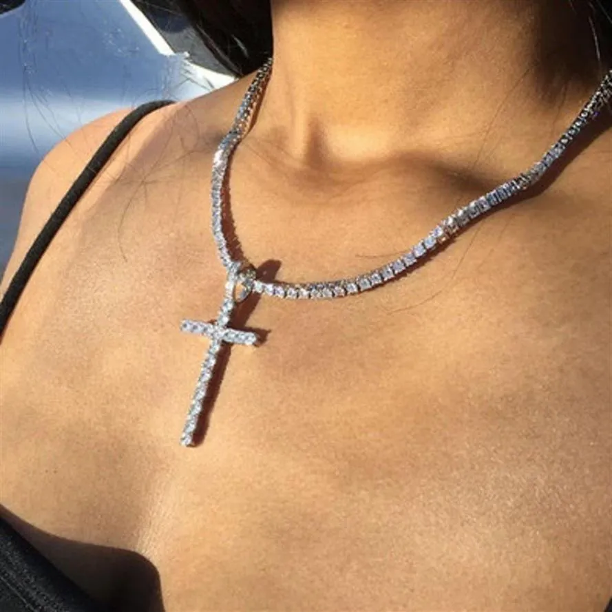 Collier pendentif croix glacée or argent chaîne de Tennis hommes femmes Hip Hop colliers bijoux 211Y