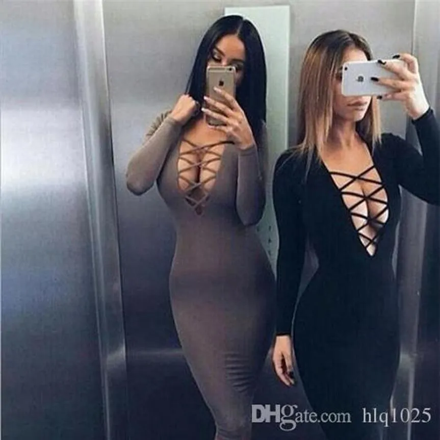 European Style Sexy Women Tight Dress Cross Straps V Neckline Dress Long Sleeve Bodycon Dress 266G