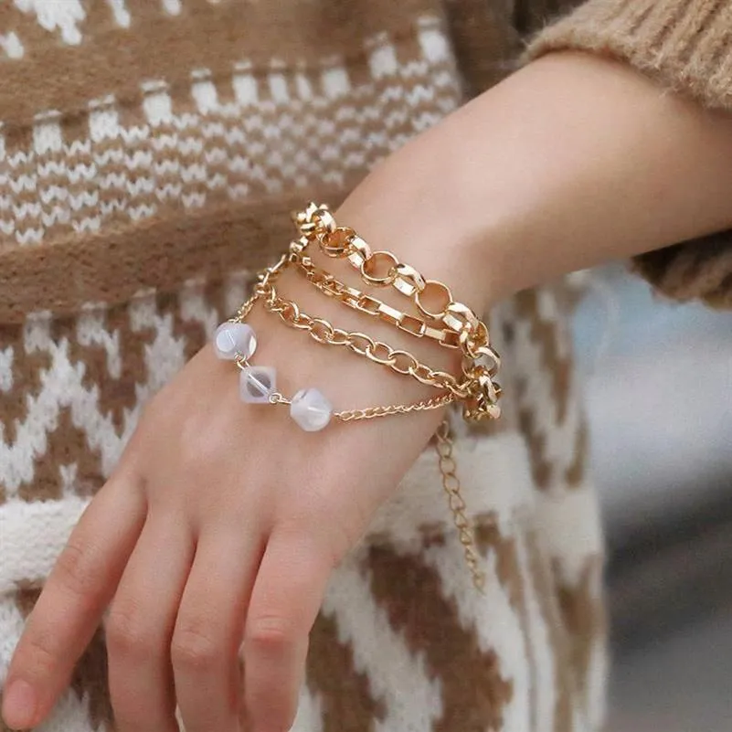 Bracelets de charme Perle de mode pour les femmes Gold Retro Sequins Double cercle Bracelet de chaîne réglable simple