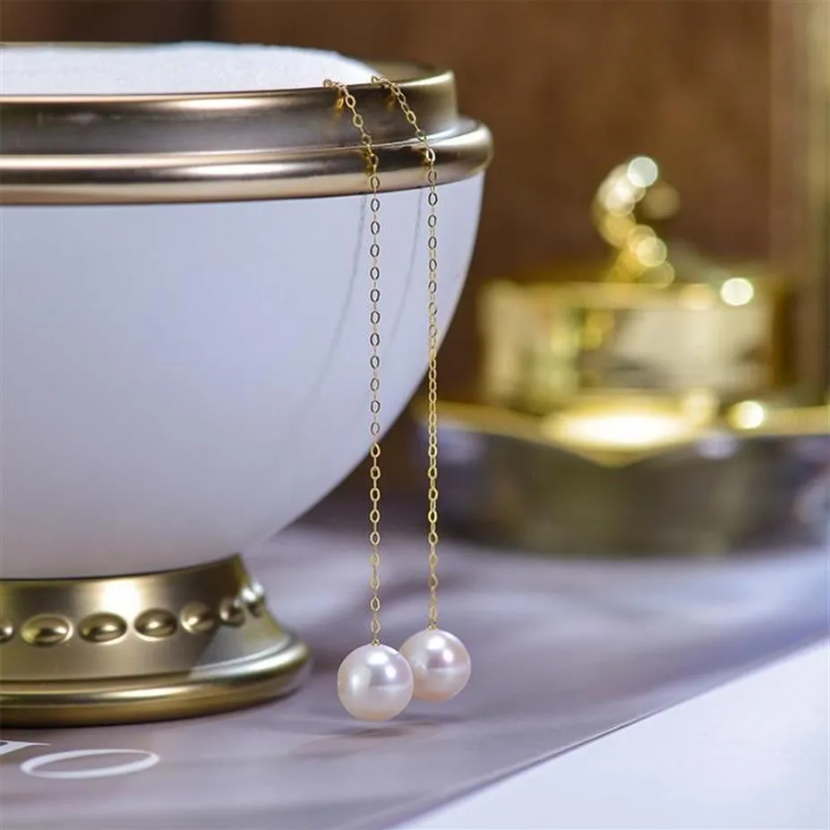 Boucles d'oreilles pendantes en or véritable 18 carats pour femmes, lustre rond, perle Akoya, mode coréenne, bijoux 208y