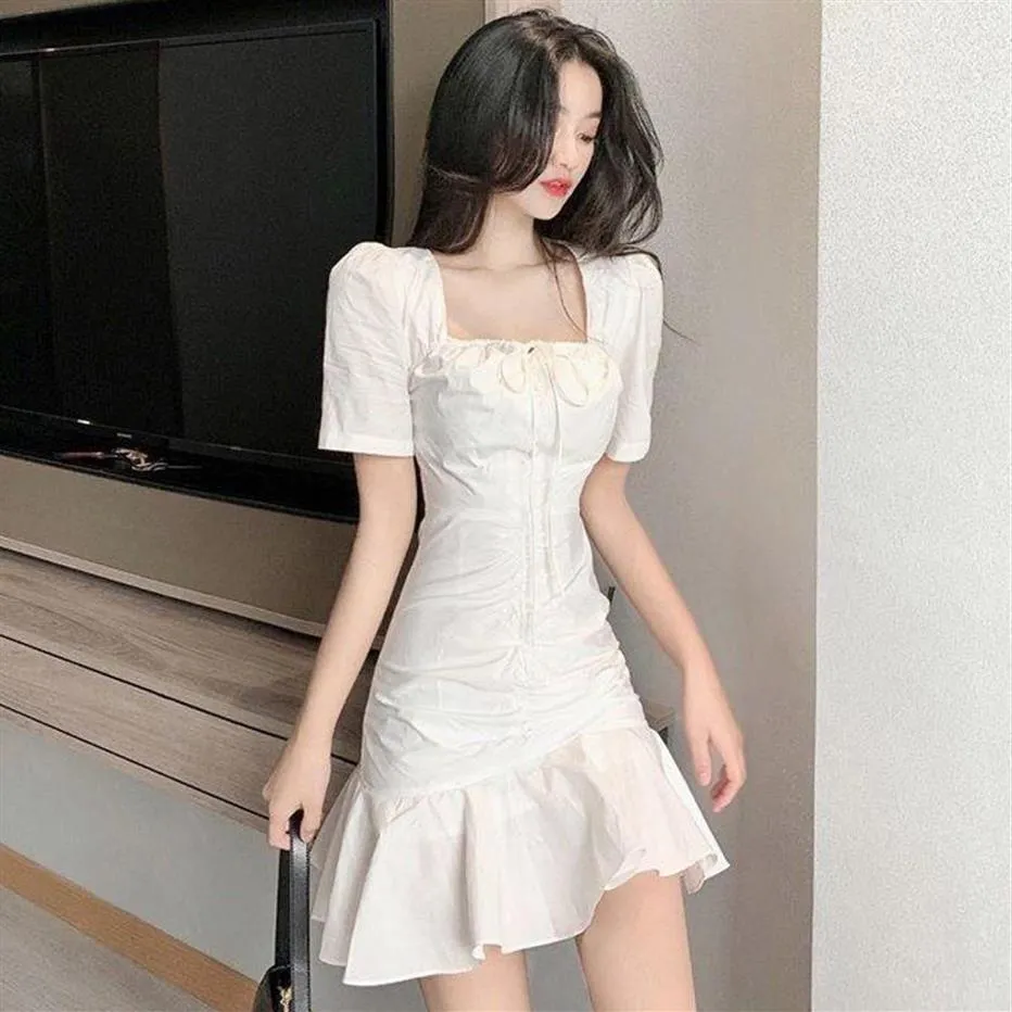 Casual Dresses Summer Women's Mermaid Dress 2021 Korean Ladies Square Neck Short Sleeve White Tunic Wrap Hip Mini WDC8287218i