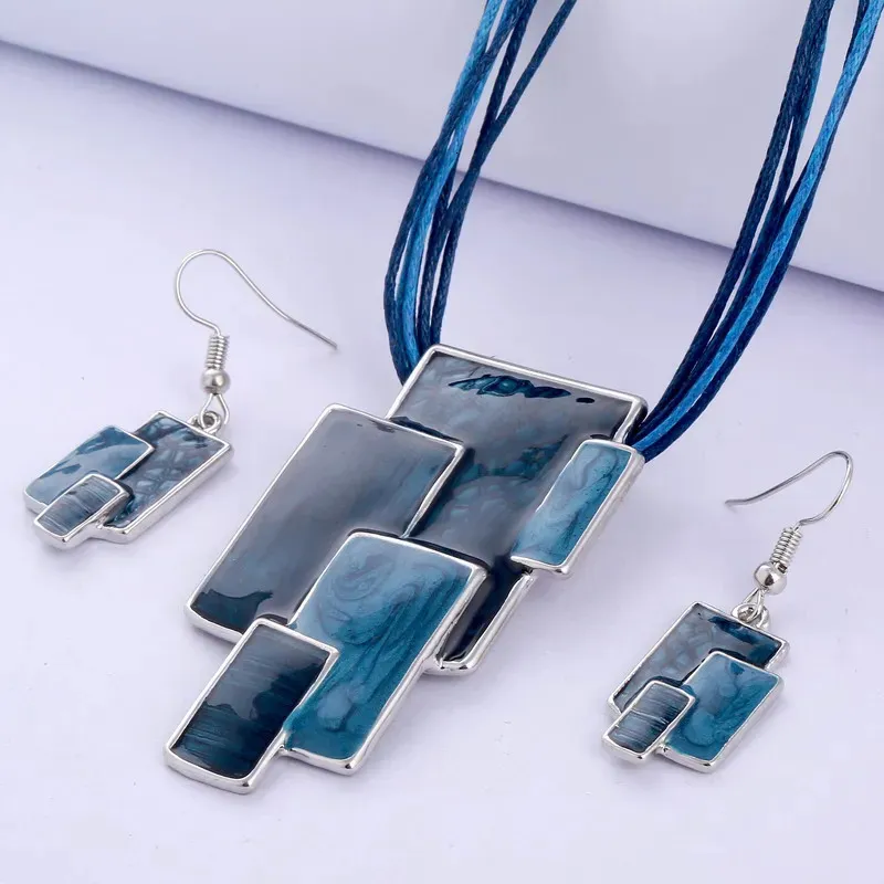 Wedding Jewelry Sets Bohemian Enamel For Women Silver Plated Geometric Big Gem Pendant Necklace And Earrings Set Wholesle 231013