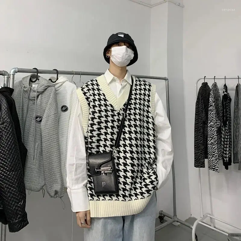 Coletes masculinos outono inverno houndstooth padrão homens mulheres soltas causal sem mangas suéteres de lã colete tops roupas masculinas