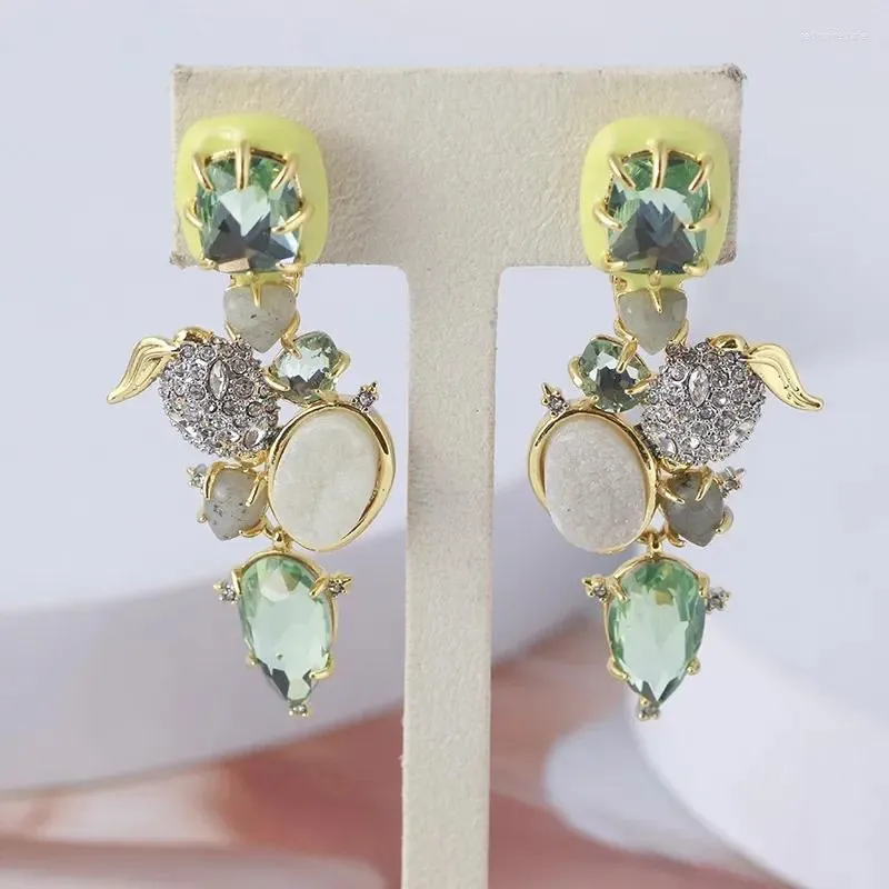 Backs Earrings European And American Tide Brand Jewelry Wholesale Color Enamel Inlaid Light Green Zircon Stone Long Ear Clip