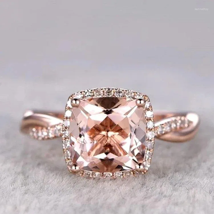 Cluster Rings Classic Style Ladies 925 Sterling Silver Champagne Square Zircon Ring Rose Gold Wedding Engagement