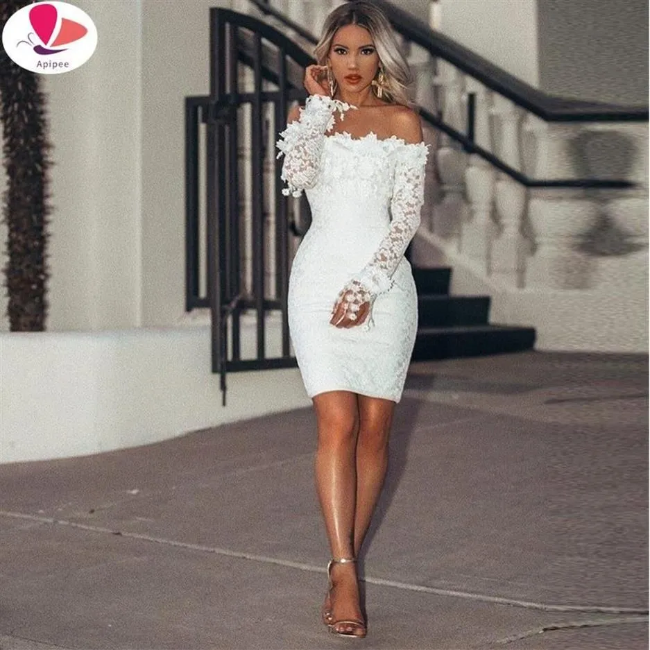 Robes décontractées 2021 Sexy robe en dentelle blanche à manches longues femmes moulante épaule de mariage fête clubwear soirée courte mini206k