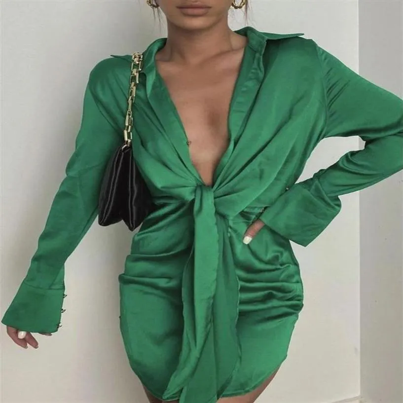 Casual Dresses V-Neck Soft Silk Satin Dress Women 2021 Spring Long Sleeve Collect Midje Tie Knot Mini Short Elegant Lady Office253L