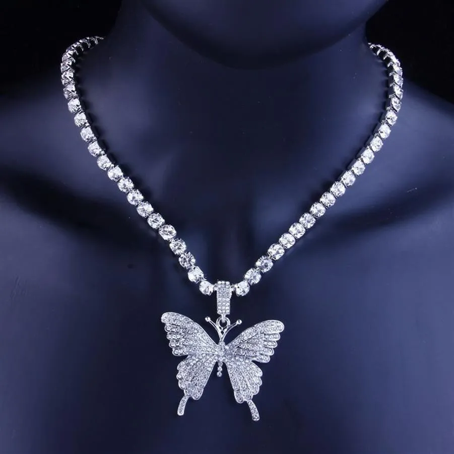 Iced Out Butterfly Pendant Necklace Gold Silver Tennis Chain Mens Womens Hip Hop Necklaces Jewelry194J